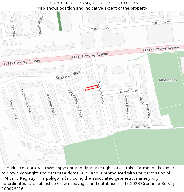 13, CATCHPOOL ROAD, COLCHESTER, CO1 1XN: Location map and indicative extent of plot