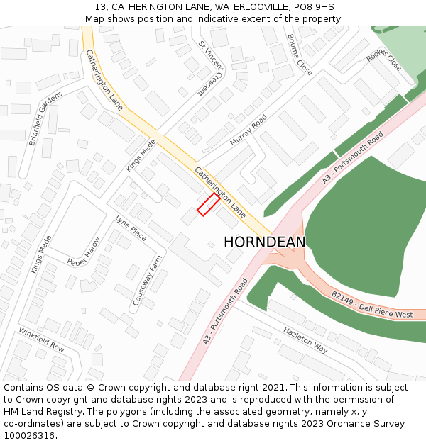 13, CATHERINGTON LANE, WATERLOOVILLE, PO8 9HS: Location map and indicative extent of plot