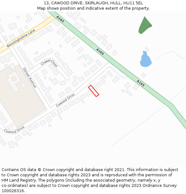 13, CAWOOD DRIVE, SKIRLAUGH, HULL, HU11 5EL: Location map and indicative extent of plot