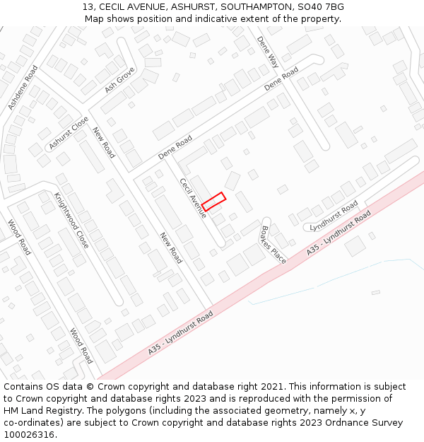 13, CECIL AVENUE, ASHURST, SOUTHAMPTON, SO40 7BG: Location map and indicative extent of plot