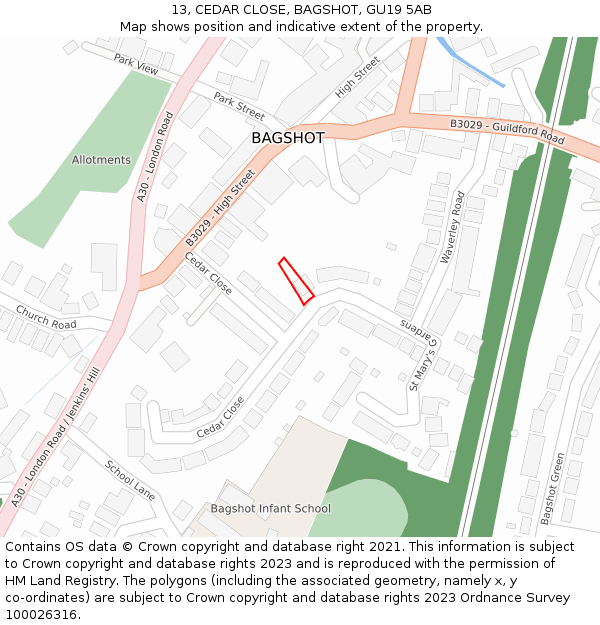 13, CEDAR CLOSE, BAGSHOT, GU19 5AB: Location map and indicative extent of plot