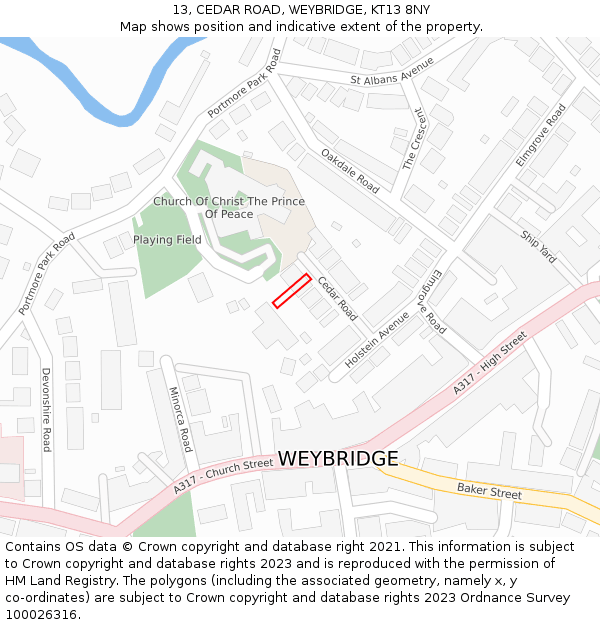 13, CEDAR ROAD, WEYBRIDGE, KT13 8NY: Location map and indicative extent of plot