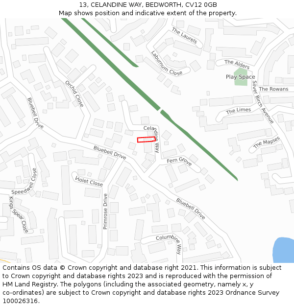 13, CELANDINE WAY, BEDWORTH, CV12 0GB: Location map and indicative extent of plot