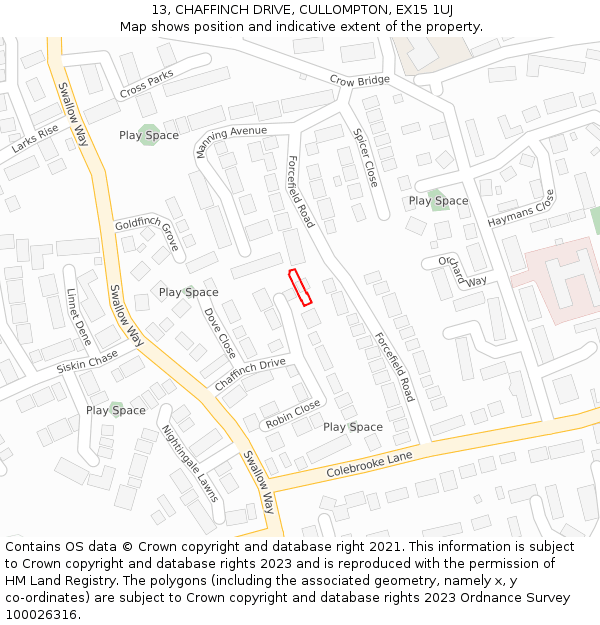 13, CHAFFINCH DRIVE, CULLOMPTON, EX15 1UJ: Location map and indicative extent of plot