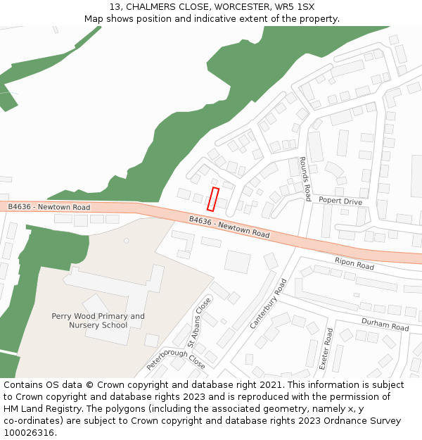 13, CHALMERS CLOSE, WORCESTER, WR5 1SX: Location map and indicative extent of plot