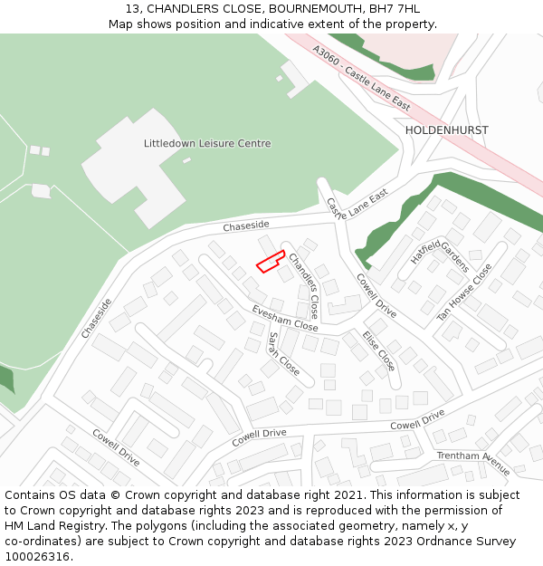 13, CHANDLERS CLOSE, BOURNEMOUTH, BH7 7HL: Location map and indicative extent of plot