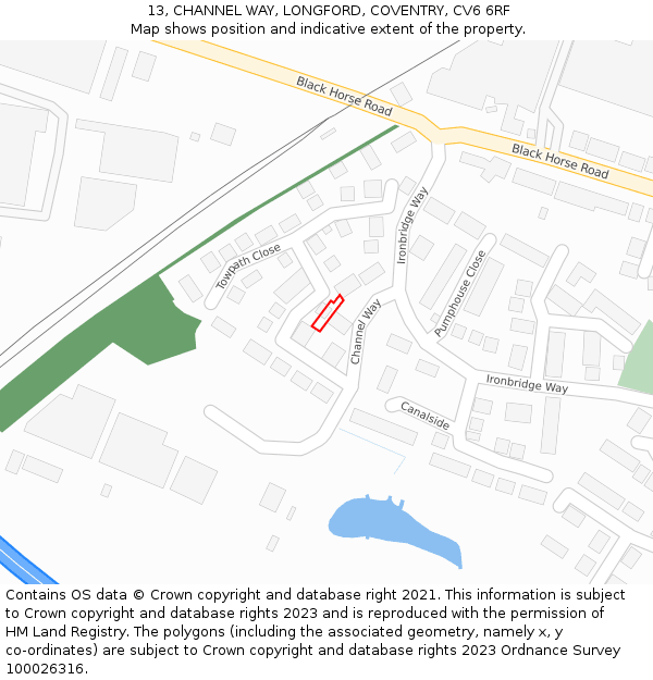 13, CHANNEL WAY, LONGFORD, COVENTRY, CV6 6RF: Location map and indicative extent of plot