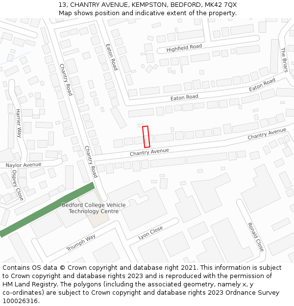 13, CHANTRY AVENUE, KEMPSTON, BEDFORD, MK42 7QX: Location map and indicative extent of plot