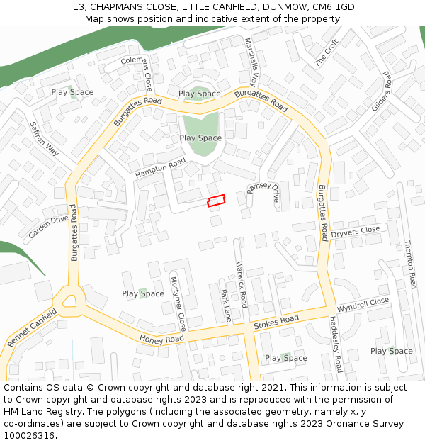 13, CHAPMANS CLOSE, LITTLE CANFIELD, DUNMOW, CM6 1GD: Location map and indicative extent of plot