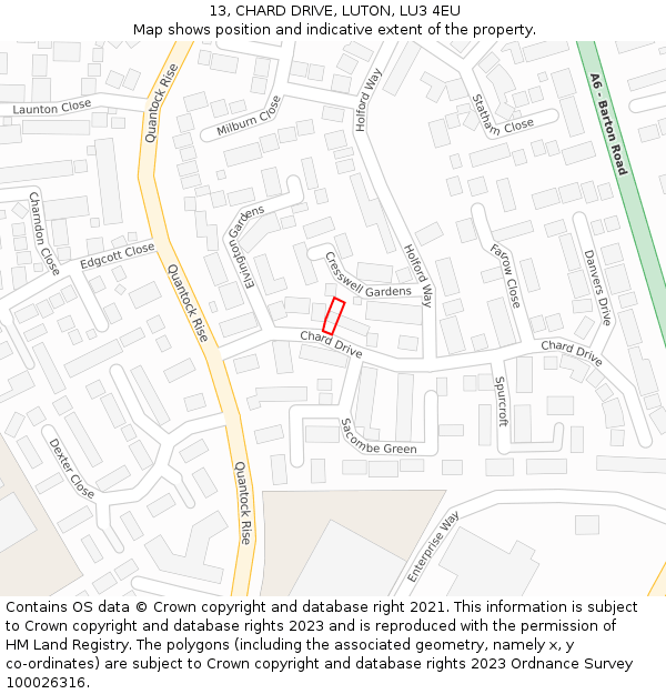 13, CHARD DRIVE, LUTON, LU3 4EU: Location map and indicative extent of plot