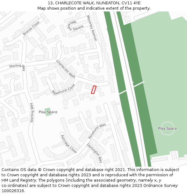 13, CHARLECOTE WALK, NUNEATON, CV11 4YE: Location map and indicative extent of plot