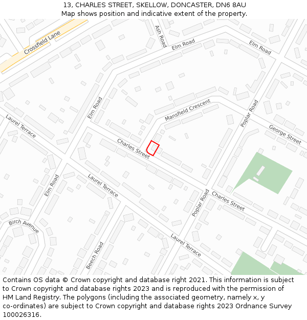 13, CHARLES STREET, SKELLOW, DONCASTER, DN6 8AU: Location map and indicative extent of plot