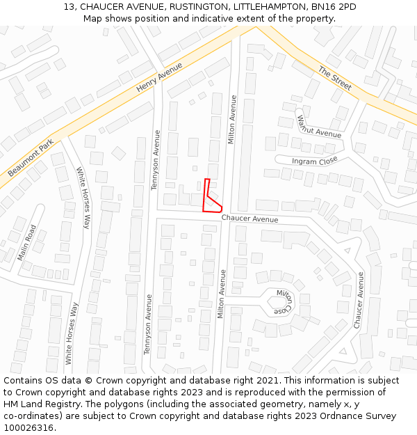 13, CHAUCER AVENUE, RUSTINGTON, LITTLEHAMPTON, BN16 2PD: Location map and indicative extent of plot