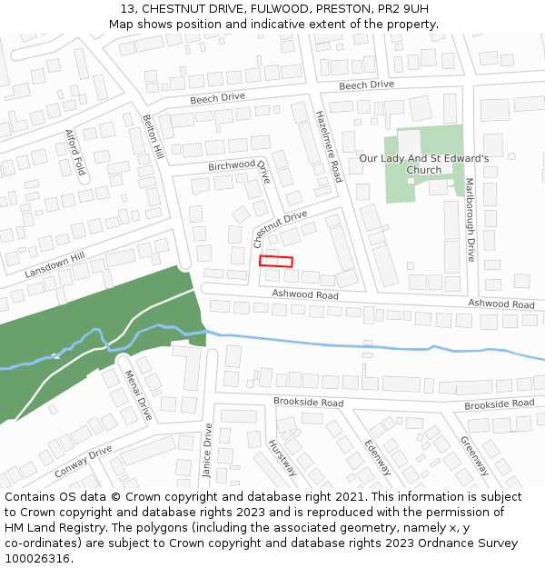 13, CHESTNUT DRIVE, FULWOOD, PRESTON, PR2 9UH: Location map and indicative extent of plot