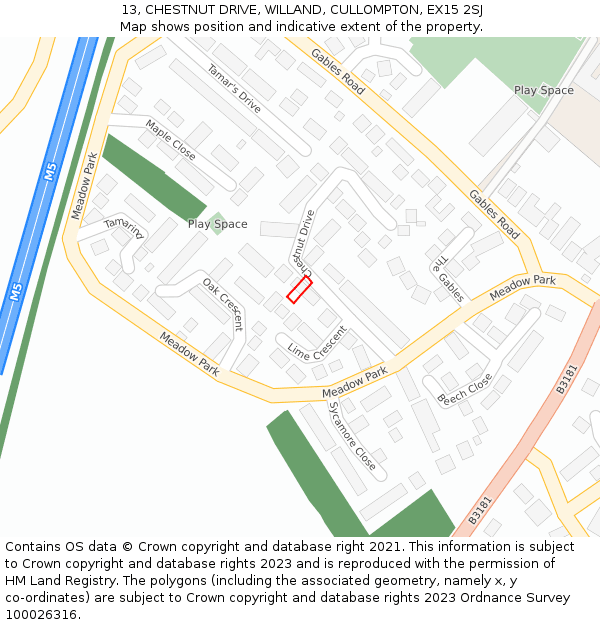 13, CHESTNUT DRIVE, WILLAND, CULLOMPTON, EX15 2SJ: Location map and indicative extent of plot