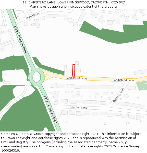 13, CHIPSTEAD LANE, LOWER KINGSWOOD, TADWORTH, KT20 6RD: Location map and indicative extent of plot