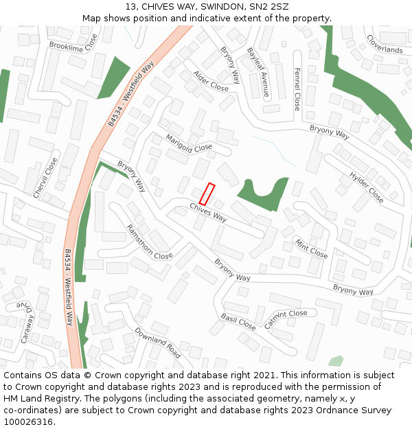 13, CHIVES WAY, SWINDON, SN2 2SZ: Location map and indicative extent of plot