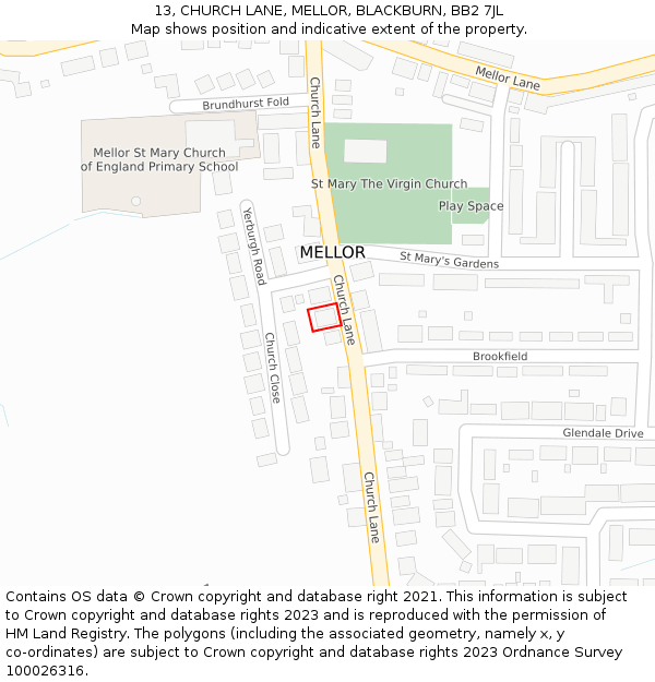 13, CHURCH LANE, MELLOR, BLACKBURN, BB2 7JL: Location map and indicative extent of plot
