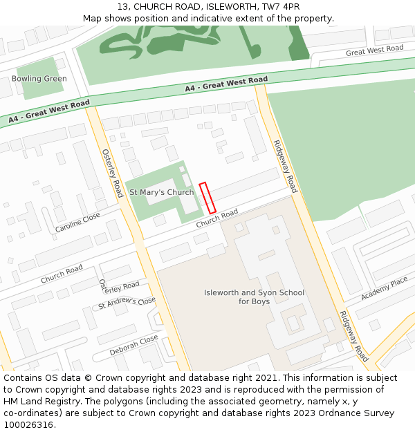 13, CHURCH ROAD, ISLEWORTH, TW7 4PR: Location map and indicative extent of plot