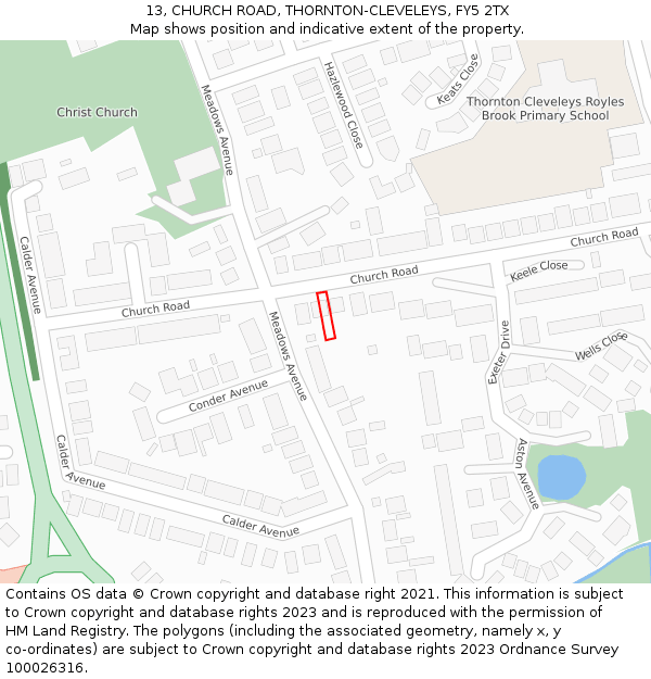 13, CHURCH ROAD, THORNTON-CLEVELEYS, FY5 2TX: Location map and indicative extent of plot