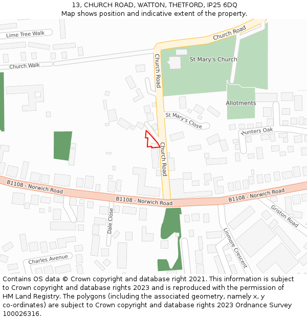 13, CHURCH ROAD, WATTON, THETFORD, IP25 6DQ: Location map and indicative extent of plot