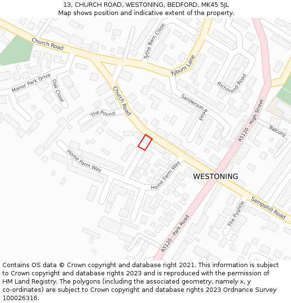 13, CHURCH ROAD, WESTONING, BEDFORD, MK45 5JL: Location map and indicative extent of plot