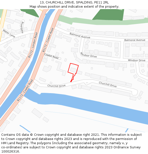 13, CHURCHILL DRIVE, SPALDING, PE11 2RL: Location map and indicative extent of plot