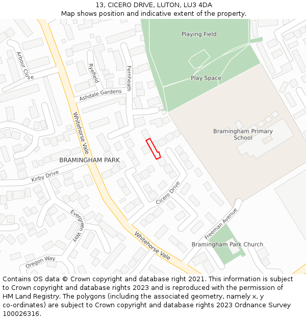 13, CICERO DRIVE, LUTON, LU3 4DA: Location map and indicative extent of plot