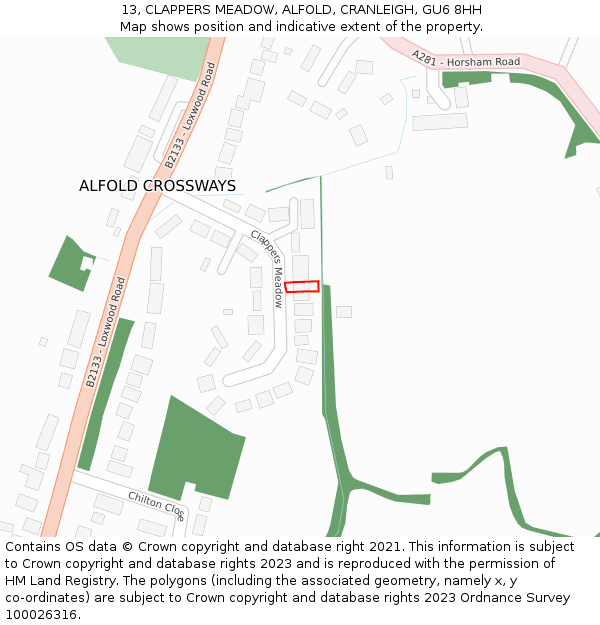 13, CLAPPERS MEADOW, ALFOLD, CRANLEIGH, GU6 8HH: Location map and indicative extent of plot