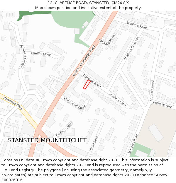 13, CLARENCE ROAD, STANSTED, CM24 8JX: Location map and indicative extent of plot