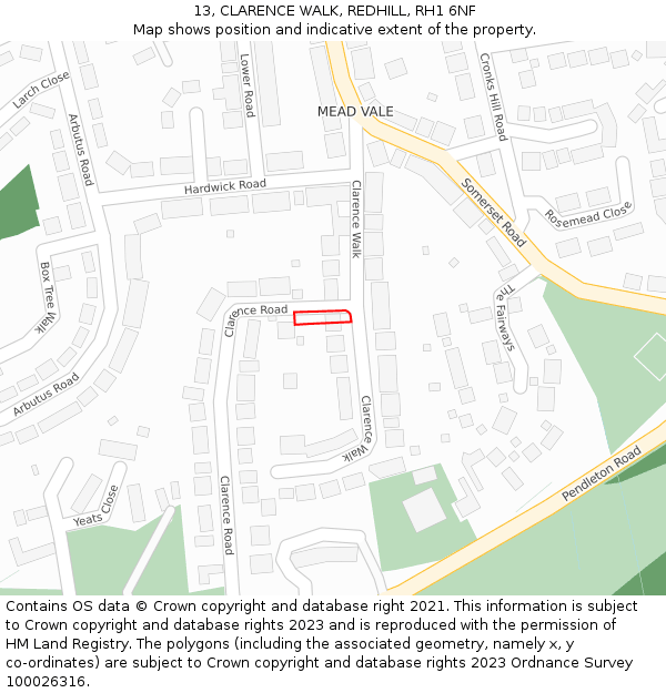 13, CLARENCE WALK, REDHILL, RH1 6NF: Location map and indicative extent of plot