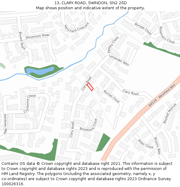 13, CLARY ROAD, SWINDON, SN2 2SD: Location map and indicative extent of plot