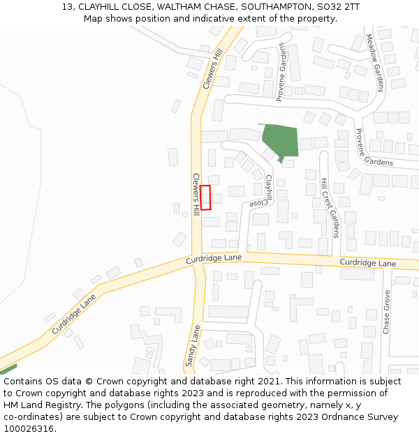 13, CLAYHILL CLOSE, WALTHAM CHASE, SOUTHAMPTON, SO32 2TT: Location map and indicative extent of plot