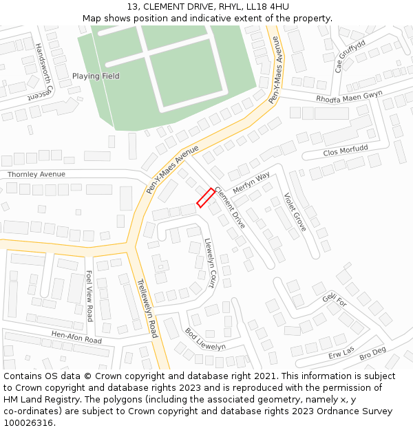 13, CLEMENT DRIVE, RHYL, LL18 4HU: Location map and indicative extent of plot