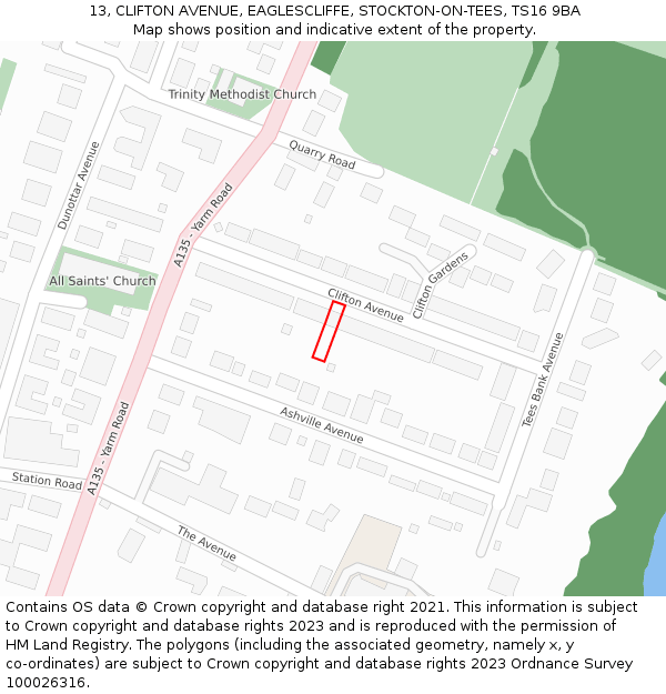 13, CLIFTON AVENUE, EAGLESCLIFFE, STOCKTON-ON-TEES, TS16 9BA: Location map and indicative extent of plot