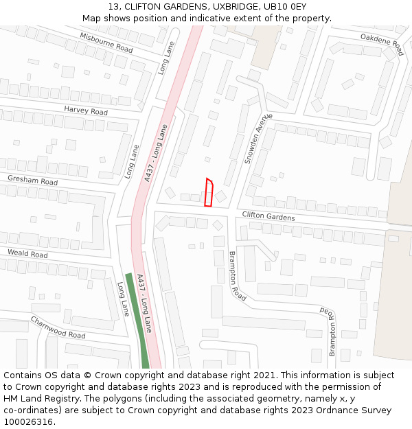 13, CLIFTON GARDENS, UXBRIDGE, UB10 0EY: Location map and indicative extent of plot