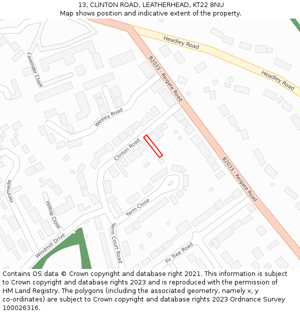 13, CLINTON ROAD, LEATHERHEAD, KT22 8NU: Location map and indicative extent of plot