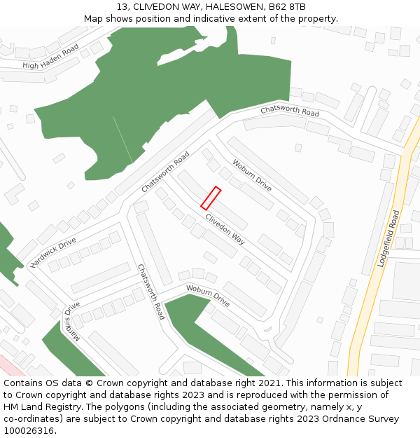 13, CLIVEDON WAY, HALESOWEN, B62 8TB: Location map and indicative extent of plot