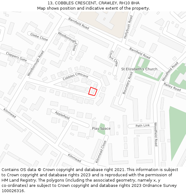 13, COBBLES CRESCENT, CRAWLEY, RH10 8HA: Location map and indicative extent of plot