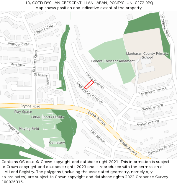 13, COED BYCHAN CRESCENT, LLANHARAN, PONTYCLUN, CF72 9PQ: Location map and indicative extent of plot