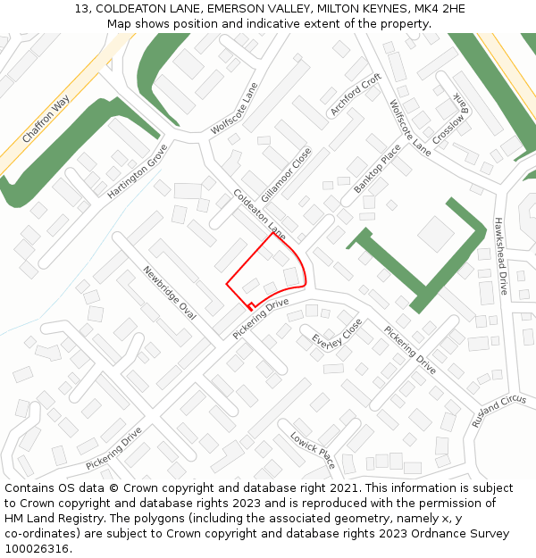 13, COLDEATON LANE, EMERSON VALLEY, MILTON KEYNES, MK4 2HE: Location map and indicative extent of plot