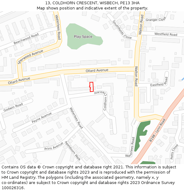 13, COLDHORN CRESCENT, WISBECH, PE13 3HA: Location map and indicative extent of plot