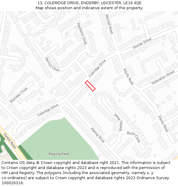 13, COLERIDGE DRIVE, ENDERBY, LEICESTER, LE19 4QE: Location map and indicative extent of plot
