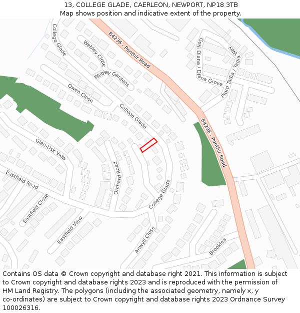13, COLLEGE GLADE, CAERLEON, NEWPORT, NP18 3TB: Location map and indicative extent of plot