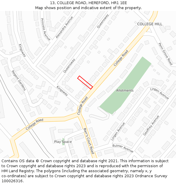 13, COLLEGE ROAD, HEREFORD, HR1 1EE: Location map and indicative extent of plot