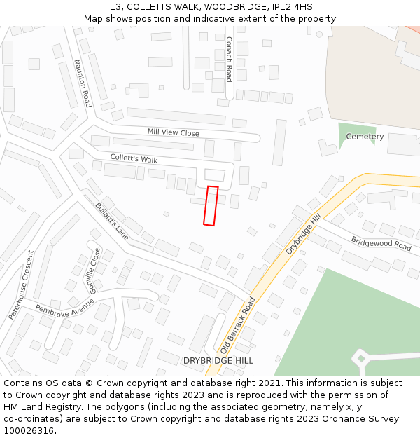 13, COLLETTS WALK, WOODBRIDGE, IP12 4HS: Location map and indicative extent of plot