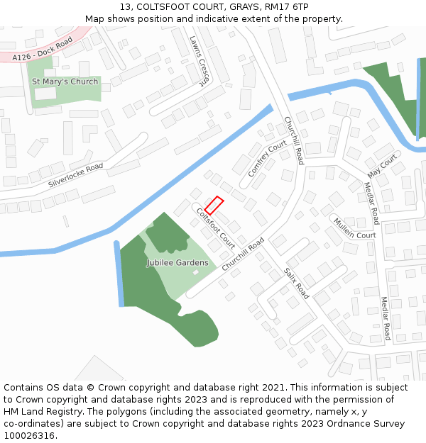 13, COLTSFOOT COURT, GRAYS, RM17 6TP: Location map and indicative extent of plot