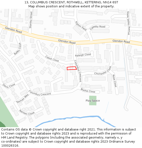 13, COLUMBUS CRESCENT, ROTHWELL, KETTERING, NN14 6ST: Location map and indicative extent of plot