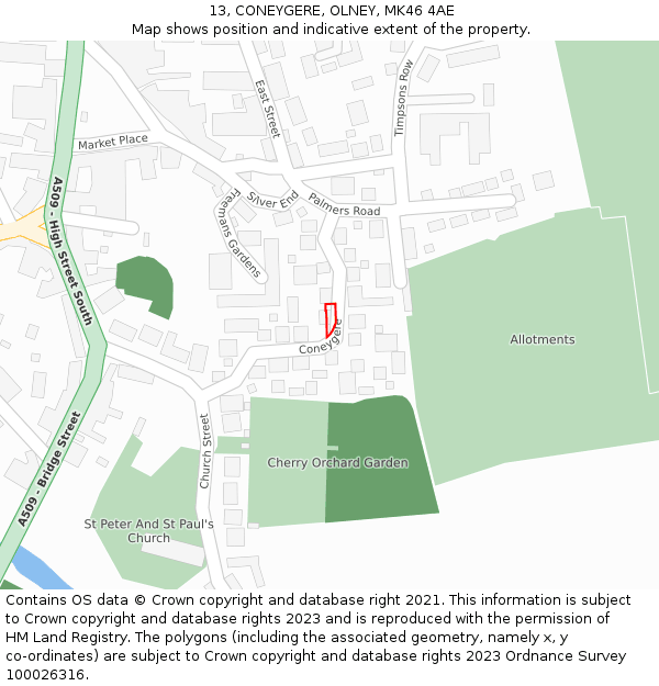 13, CONEYGERE, OLNEY, MK46 4AE: Location map and indicative extent of plot