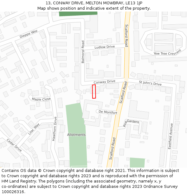 13, CONWAY DRIVE, MELTON MOWBRAY, LE13 1JP: Location map and indicative extent of plot